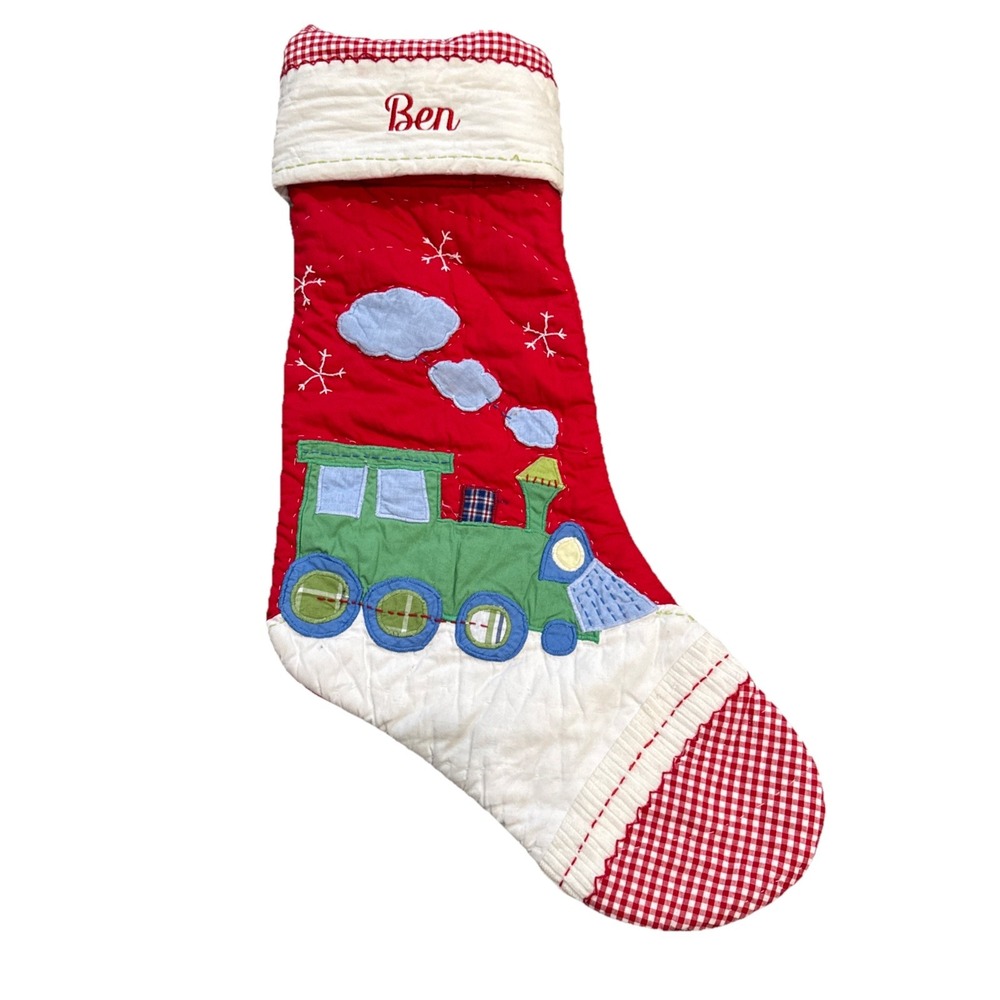 Pottery Barn Kids "Ben" Christmas Stocking Cotton Train Quilted Red Blue 22x13